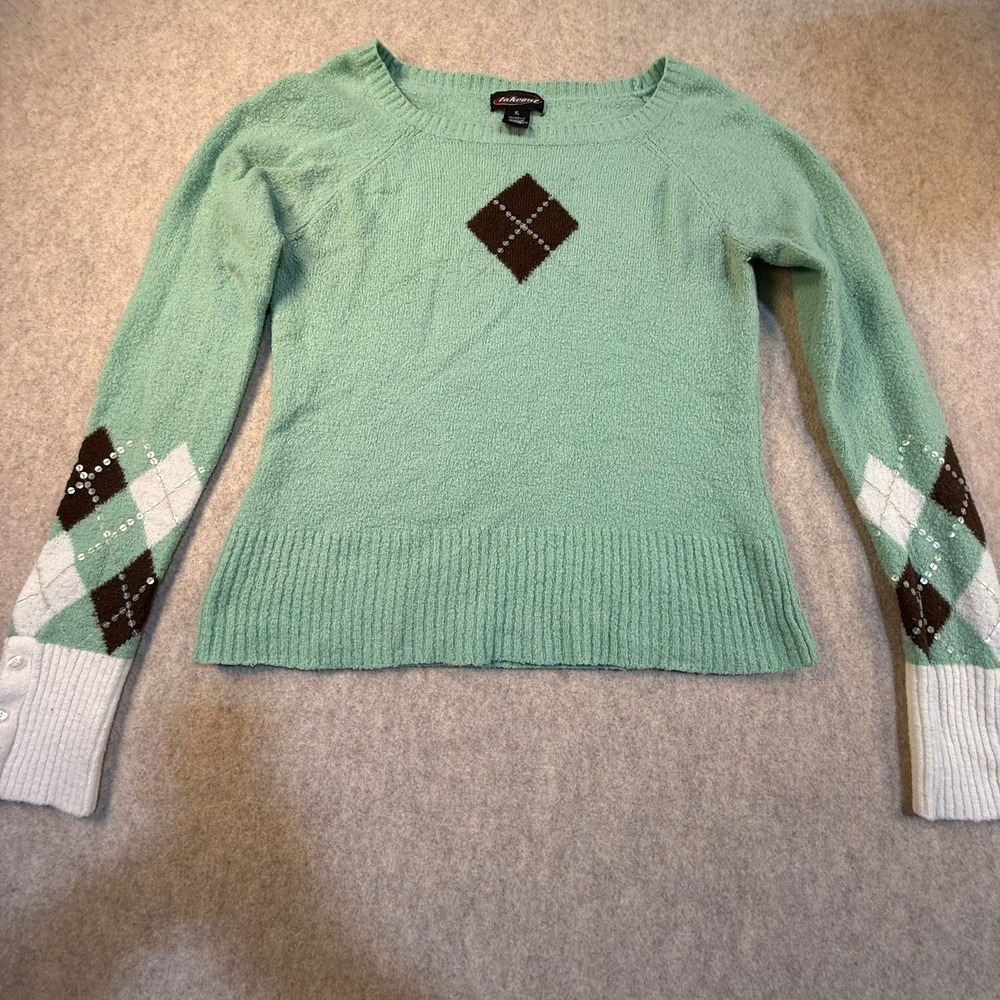 Takeout Women XL Mint Green Argyle Sequin Knit Sweater Y2K Preppy Scoop Neck